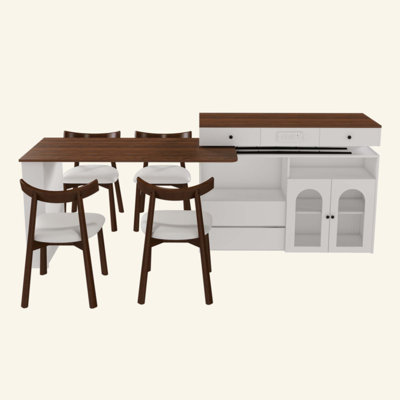 Ensemble d'îlot de cuisine avec 4 chaises en bois massif, table extensible et rotative, panneau de fibres à densité moyenne avec placage au design rétro, 4 tiroirs et armoires à portes en verre, poste de salle à manger extensible pour 2 à 4 personnes