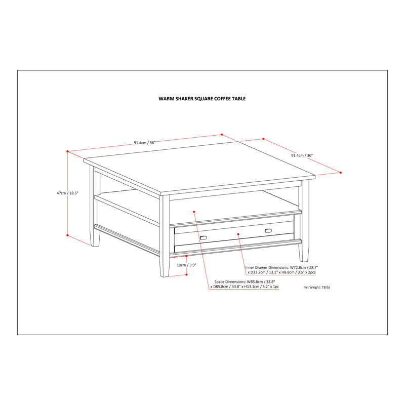 Warm Shaker Tobacco Brown Square Coffee Table with Storage