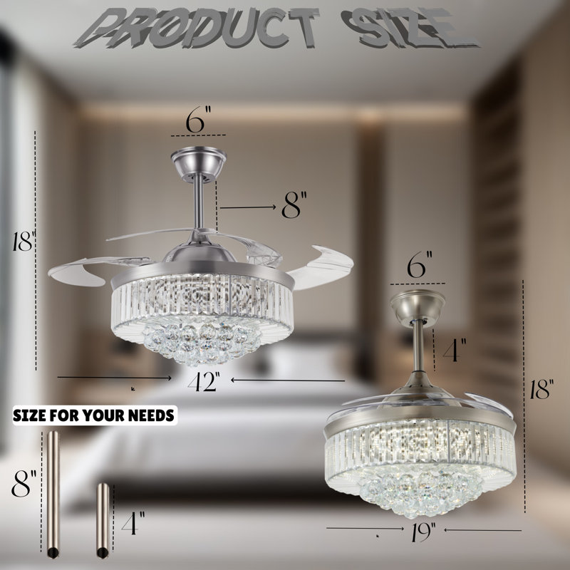 42 Inch - Silver Crystal Fan Chandelier - Remote Control / Dimmable / Variable Speed - Suitable For Living Room And Any Room