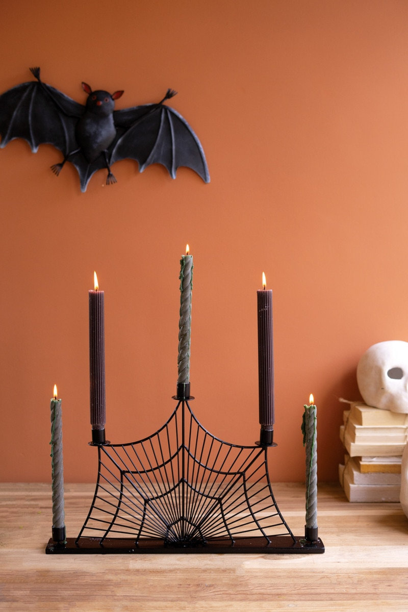  Halloween Spider Web Wire Taper Candle Candelabra Black Metal - 19.50" L
