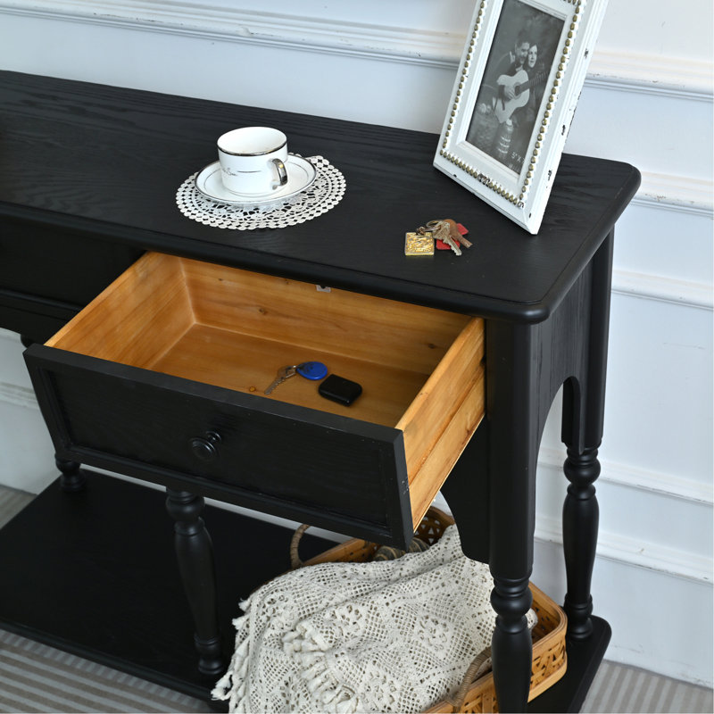Table console d'appoint en bois noir vieilli sculpté, facile à assembler, 100 cm (39,37 po), idéale pour le salon. Design classique avec pieds tournés arqués, tablette ouverte et 2 tiroirs.