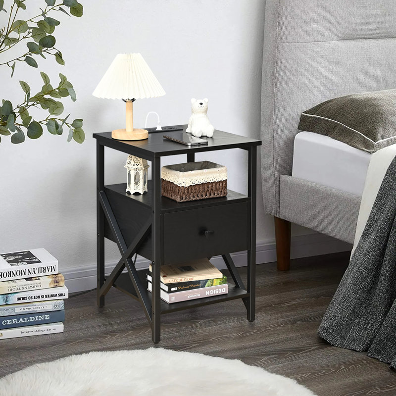 Table de bout avec station de charge sans fil, tables d'appoint noires avec prise de courant, table de bout avec tiroir en bois