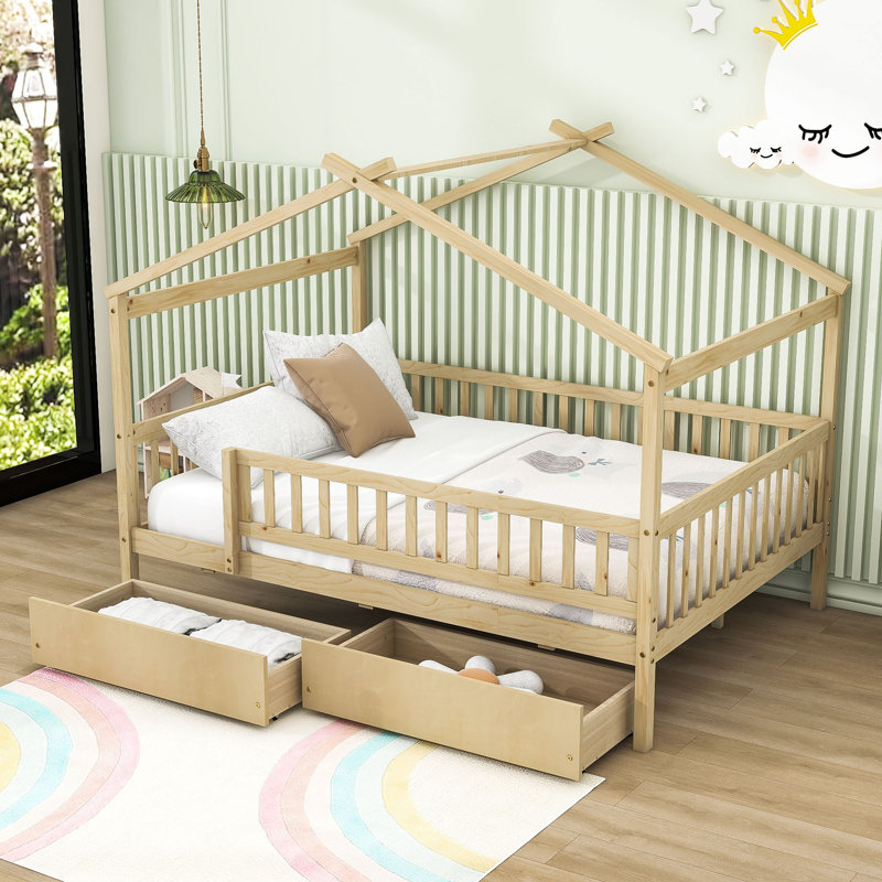 Lit en bois en forme de maison, Double, Naturel