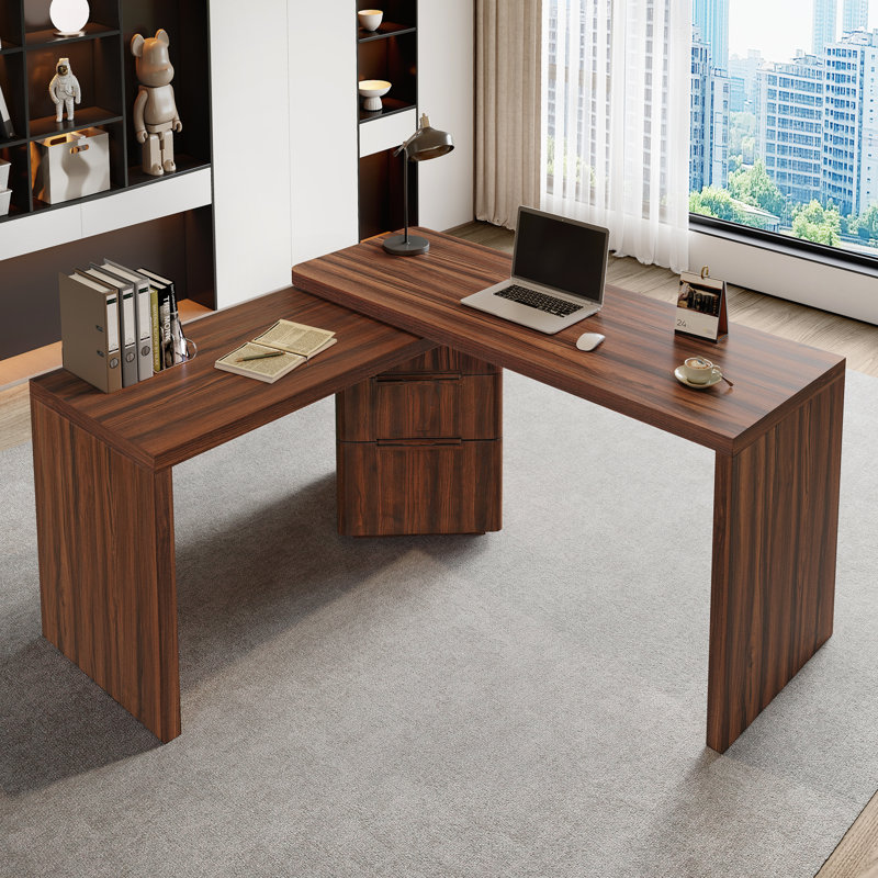 Bureau moderne en L avec 3 tiroirs, Walnut