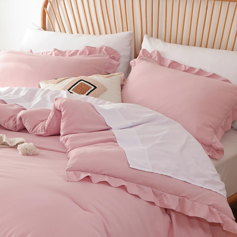 Ensemble d'édredon 3 pièces Ruffle, Édredon très grand + 2 taies d'oreiller standard, Rose
