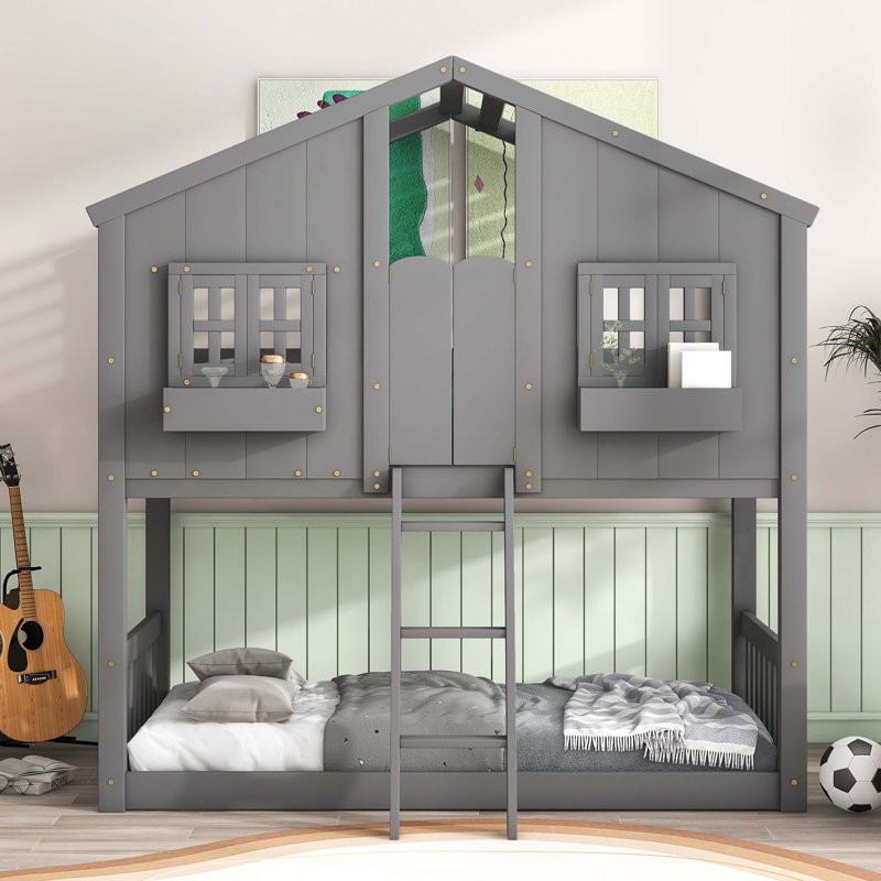 Twin Over Twin House Bunk Bed With Roof and Window, Gray