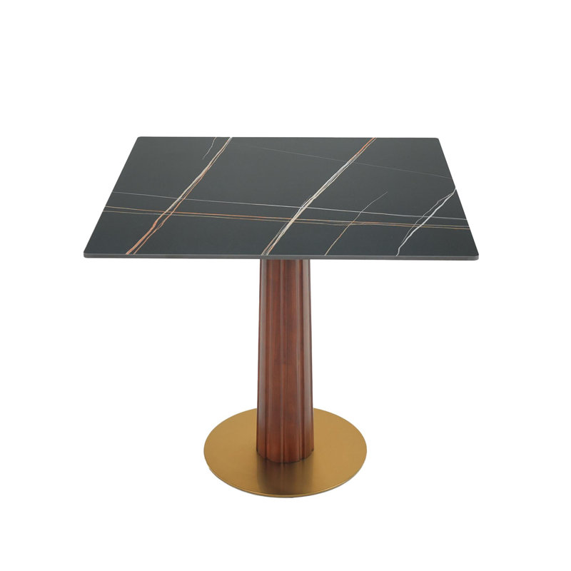 Table de salle à manger moderne carrée, table en pierre frittée de 33,5 po avec pieds en bois et base dorée, table de cuisine pour 2 personnes pour petit espace, capacité de poids de 150 lb (seulement la table de Négociation)