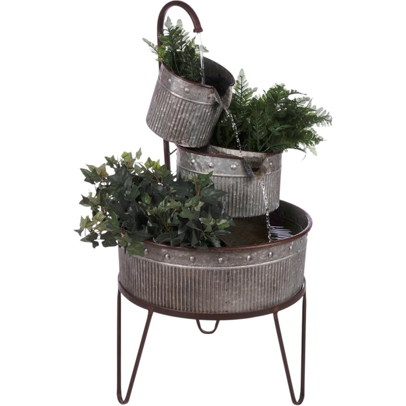 33"H Silver Outdoor Water Fountain - 3-Tier Vintage Tubs & Planters Rustic Metal Cascading Waterfall For Garden Patio