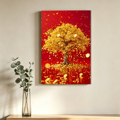 Money Tree Gold Coins Red Background Poster