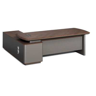 Bureau de direction minimaliste moderne en forme de L brun foncé avec armoire latérale et boîte de gestion des câbles, bureau de gestion pour ordinateur