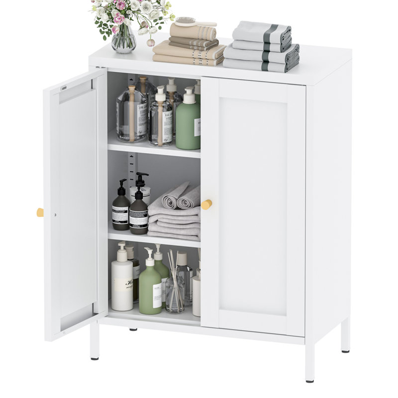  Metal Bathroom Floor Storage Cabinet With 2 Adjustable Shelves And 2 Doors, White, White
