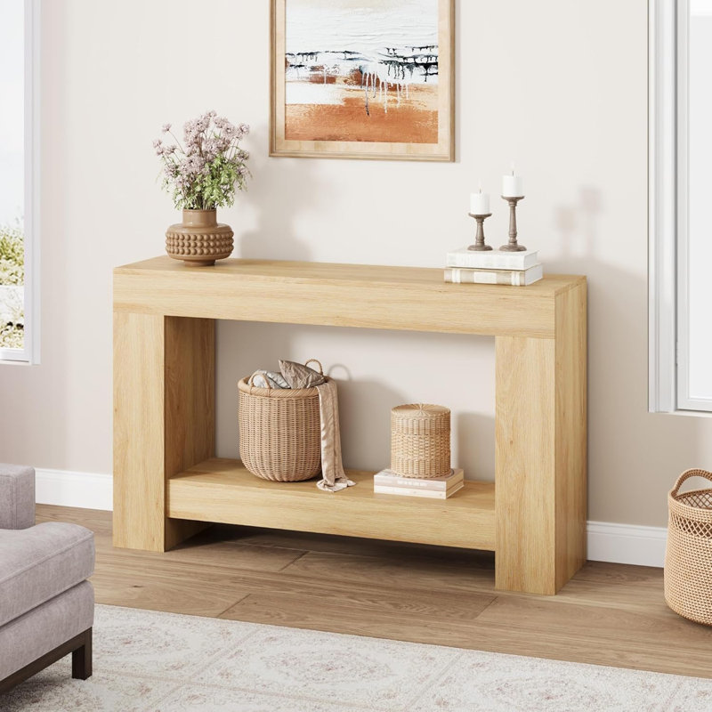 Console en bois à 2 niveaux - Table de rangement pour hall d'entrée de 1,2 m, Beige