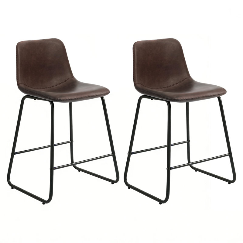 Ensemble de 2 tabourets de comptoir rembourrés, chaises de bar en similicuir brun de 24,8 po avec dossier ergonomique, base en métal noir robuste, repose-pieds et patins réglables, siège d'îlot rembourré pour bar et cuisine