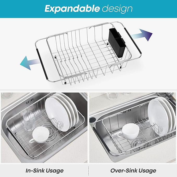 Compact Stainless Steel Over Sink Dish Drying Rack with Utensil Holder