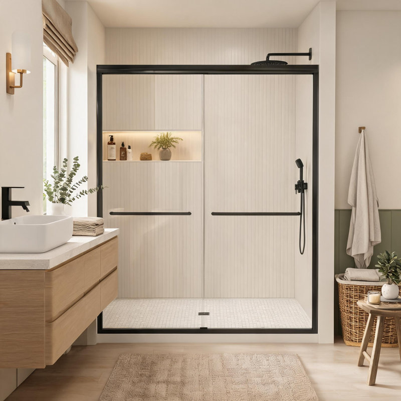 Porte de douche coulissante double, cadre en aluminium noir mat, verre trempé transparent et revêtement nano, de 50 à 54 pouces.