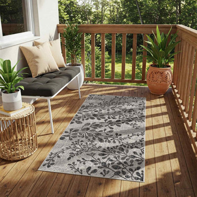 Charcoal Modern Outdoor Rug, Floral Stain Resistant Easy to Clean Rug For Patio, Balcony, Decks & Garden