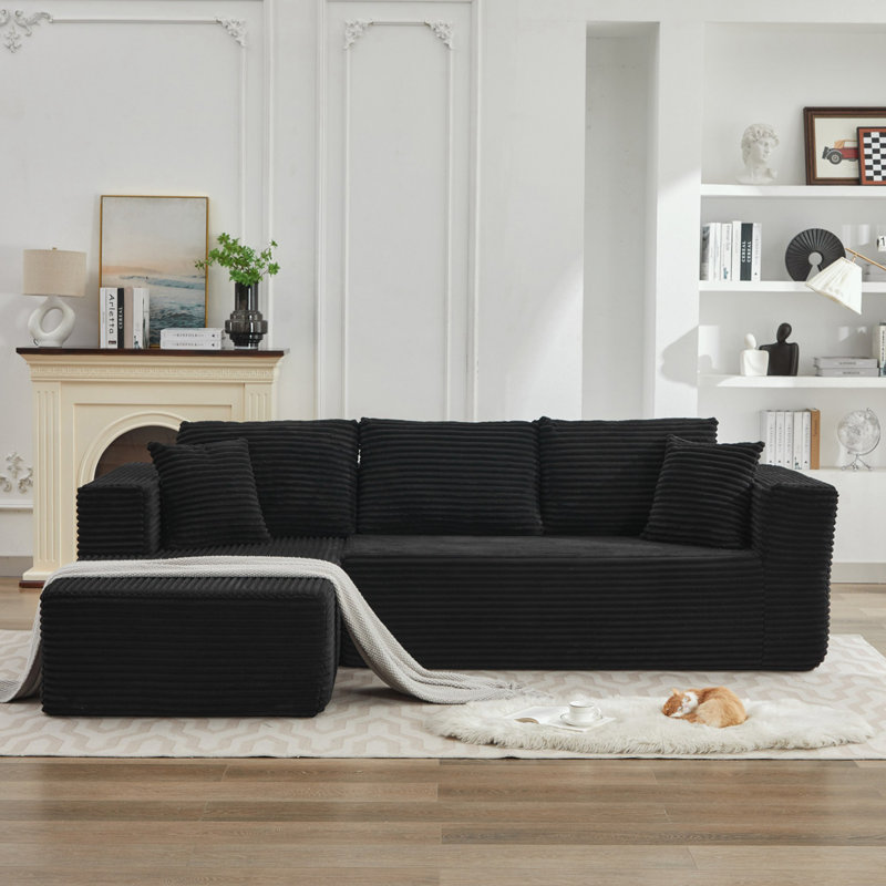 L-Shape Sectional Couch with Left Facing Chaise, Black Corduroy