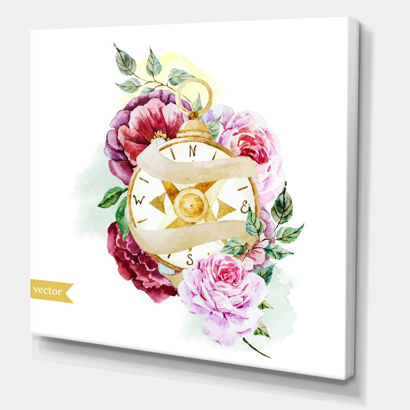 Boussole de fleurs - peinture sur toile, H 16 po x l 16 po x P 1 po, Toile tendue