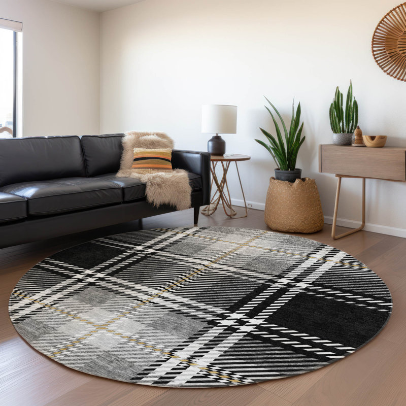 Premium Machine Washable Prisco Black Rug, Round 8'
