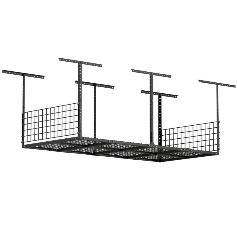 4x8FT Overhead Garage Storage Rack, Heavy-Duty Adjustable Ceiling Shelving System (22"-42"H) with Side Guardrails, 700 lb Capacity