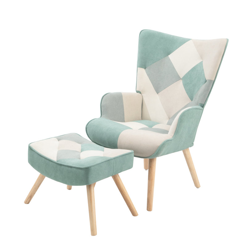 Patchwork Accent Chair With Ottoman Linen Fabric Armchair With Wood Legs Accent Chair Ottoman Chair, Teal/Gray/Beige Linen
