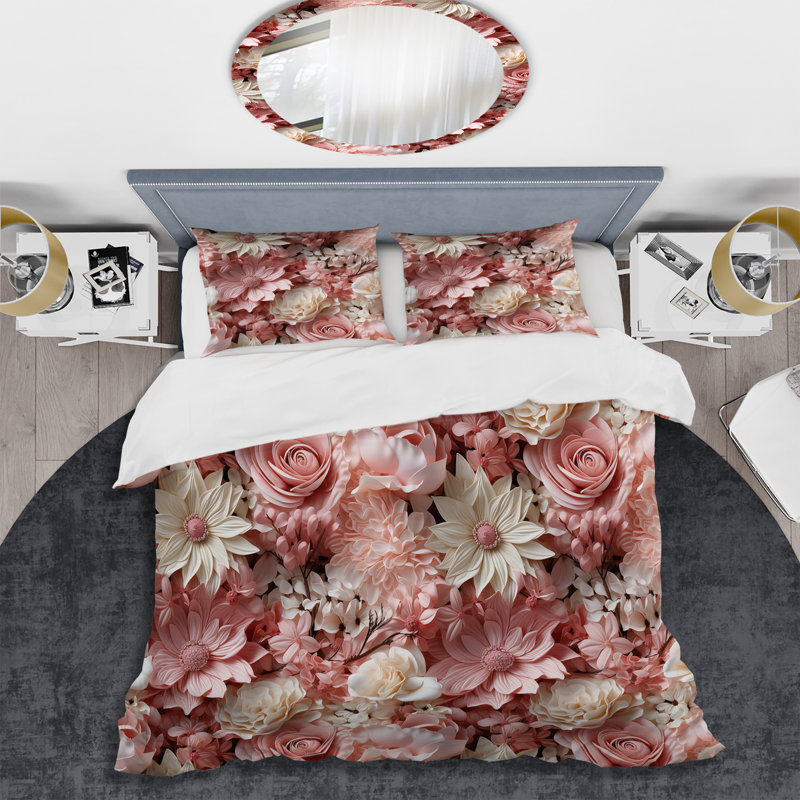 Pink And White Romantic Lace Whispers Flowers I Floral Duvet Cover, King Duvet Cover + 2 King Shams