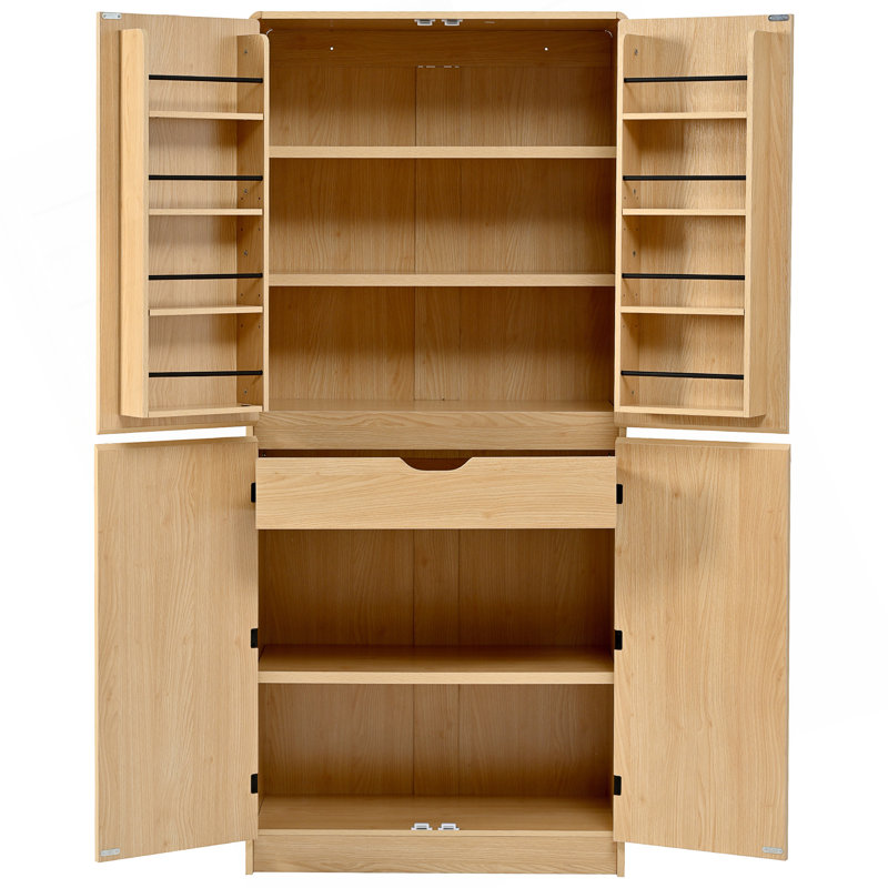 Grand garde-manger de style campagnard de 72 pouces avec design incurvé, tablettes réglables et tiroir caché, Naturel
