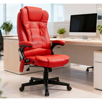 Fauteuil d'ordinateur chauffant et inclinable avec massage par 6 vibrations, détente à 120 degrés, hauteur du siège réglable, rembourré et similicuir, rouge