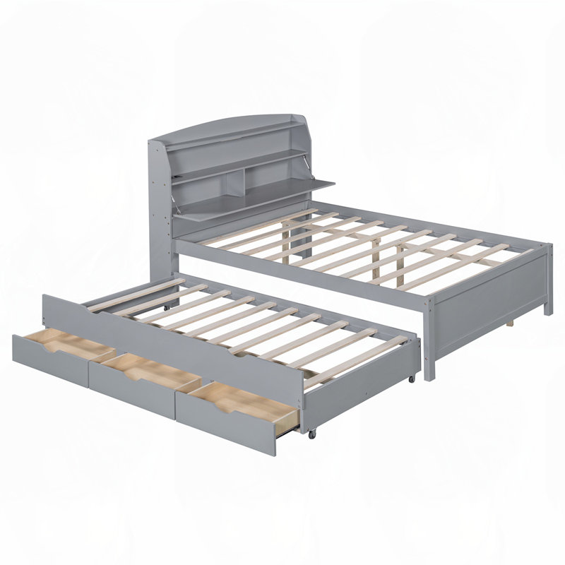 Lit plateforme en bois avec lit gigogne à DEL, gris, Complète