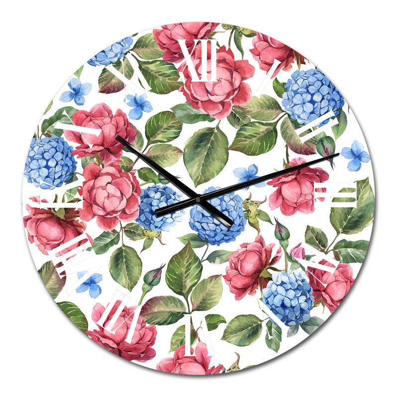 Horloge murale à motif rose et hortensia bleu avec feuilles sur fond blanc, Petit