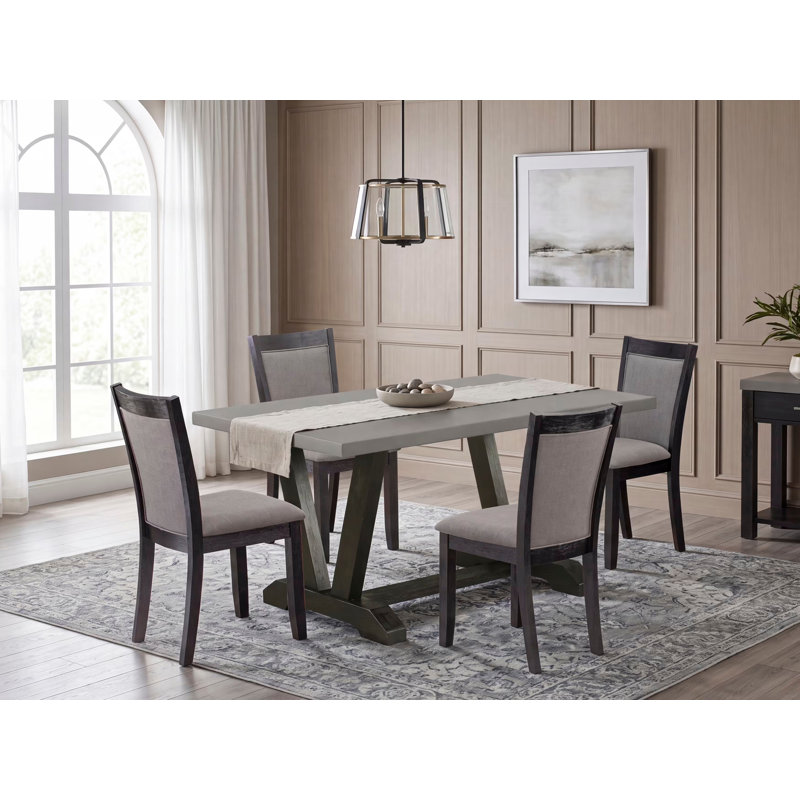 Cet ensemble de salle à manger 5 pièces comprend une table de salle à manger rectangulaire avec pieds en V et 4 chaises Parson revêtues de lin Shitake