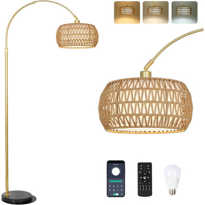 Lampe sur pied en rotin doré avec télécommande, ampoule à intensité variable et temps 3 couleurs pour le salon, la chambre à coucher - Hauteur réglable