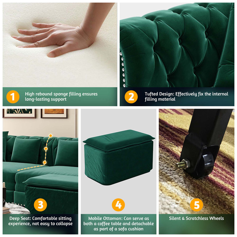 89" Velvet Sleeper Sofa Bed, Pull-out Convertible Couch Bed, Upholstered Chesterfield Sofa Bed with 4 Pillows, Green, Green