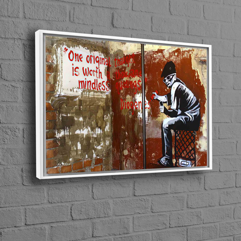 Toile abstraite inspirée de Banksy, H 30 po x l 41 po, Cadre flottant blanc