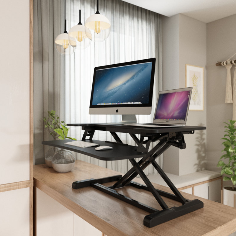 Desk Converter with Removable Keyboard Tray, Black/Black, 19.6" H x 32" W x 16" D