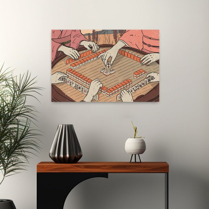 Femmes jouant au mahjong, art mural rétro traditionnel, paysage naturel, H 16 po x l 24 po