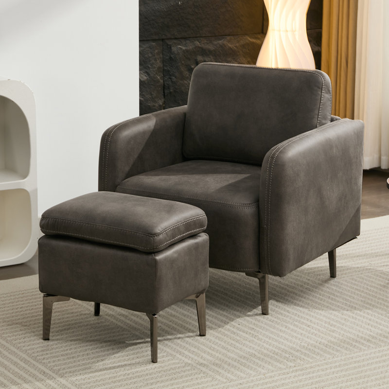 Wide Faux Leather Accent Chair with Ottoman, Brown Faux Leather