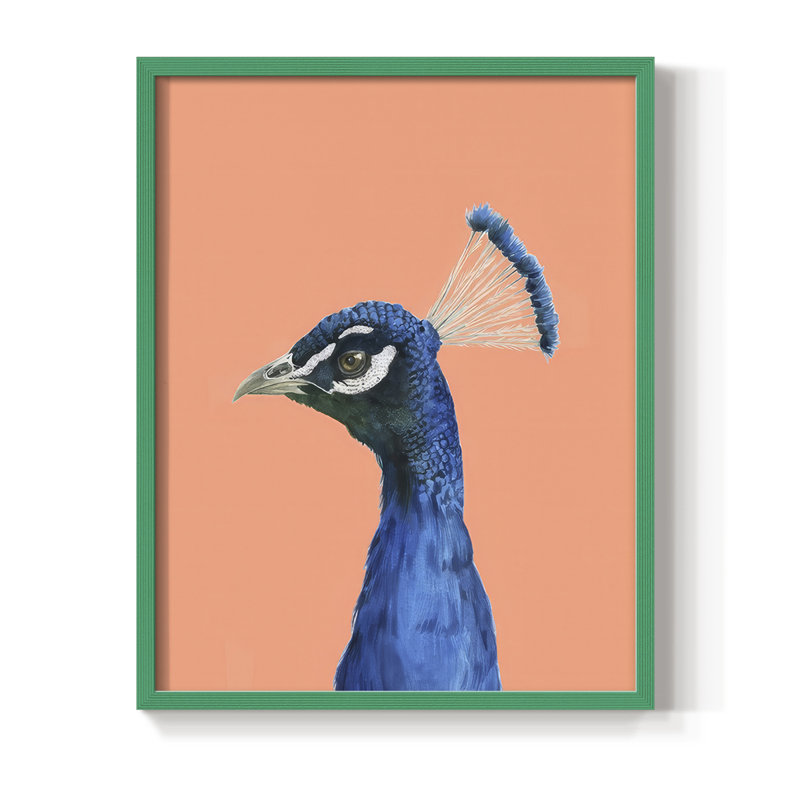 «Peach Peacock Portrait II», reproduction encadrée - bois massif, H 11 po x l 9 po, Vert