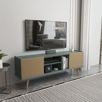 Modern TV Stand in Light Brown & Green, 60.8 x 22.3 x 12.3 inches | 100% Melamine Coated Particle Board, Thickness: 0.7 inches | Scandinavian Design for Living Room, Stylish & Functional Storage Solution