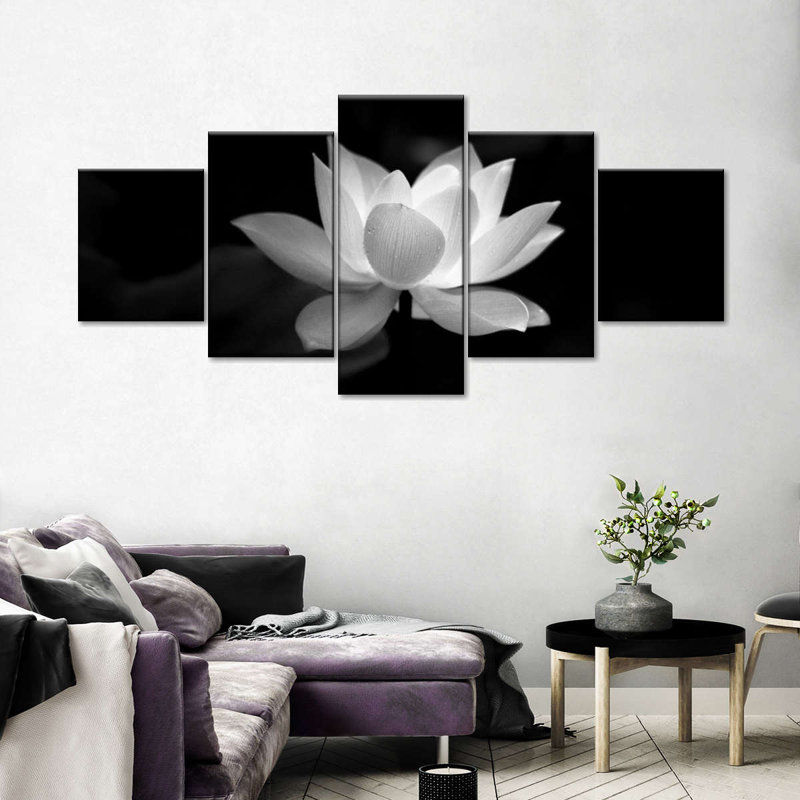 Ensemble de 5 pièces fleurs de lotus monochromes sur toile, H 24 po x l 55 po x P 1,25 po