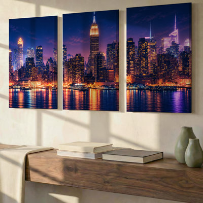 3 Pieces Exculisive Night City Waterfront Panoramic Wall Art, Premium Modern Canvas Decor for Living Room, Bedroom, Office and Home, Ready to Hang