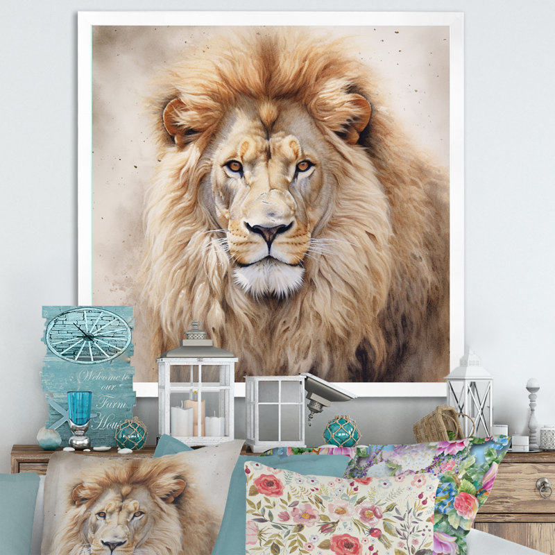 Fierce Lion II - Lion, art mural, H 30 po x l 30 po x P 1 po, Cadre simple blanc