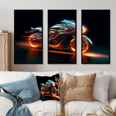 Neon Light Strips Around Silver Motorcycle I - Car/Van Canvas Wall Art Set