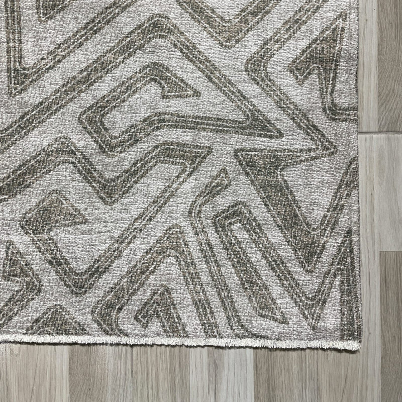 Chenille en coton beige à motif géométrique antidérapant kilim, Rectangle 6 pi 7 po x 9 pi 11 po
