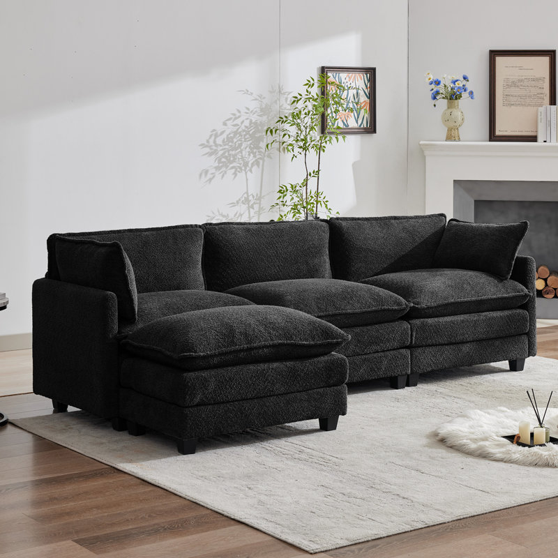 Canapé modulaire en L avec accoudoirs Redenius, Bouclé noir
