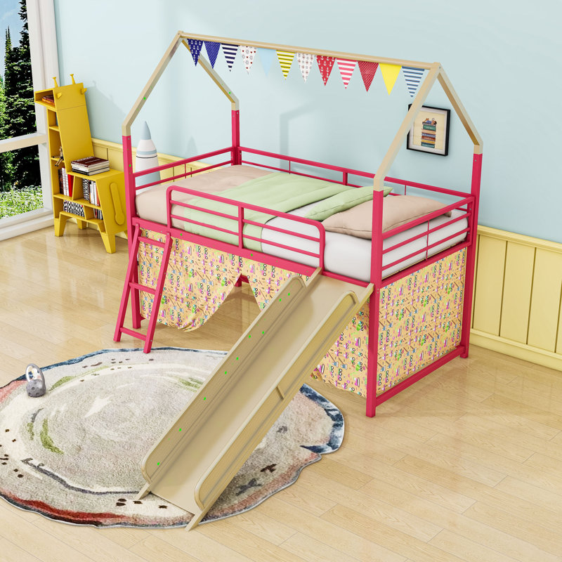 Twin Metal House Loft Bed With Slide And Playful Accessories, Gold/Red