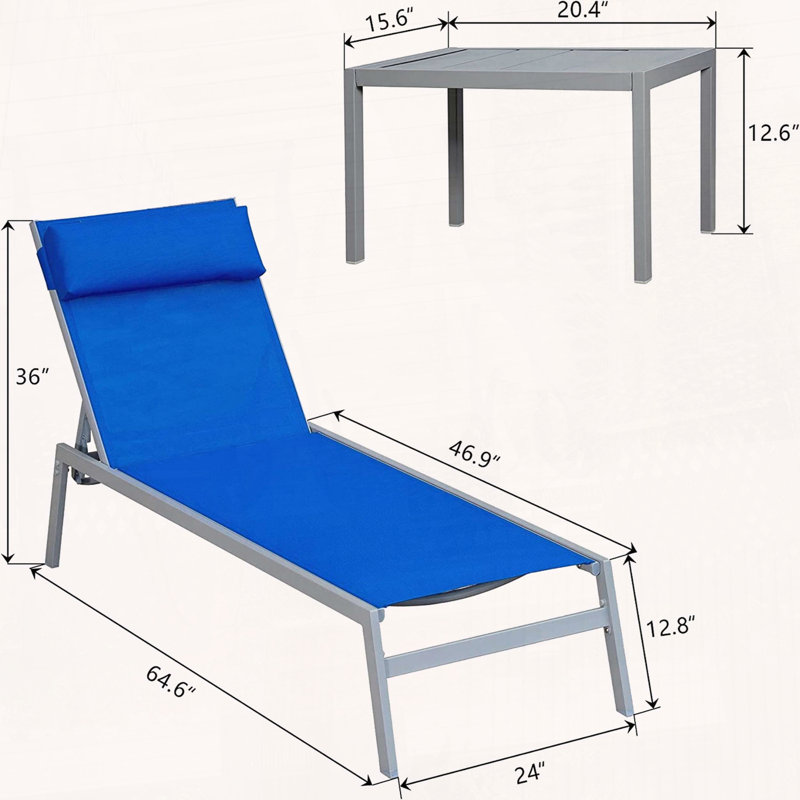 Patio Chaise Lounge Set of 3 with Steel Frame and Adjustable Back