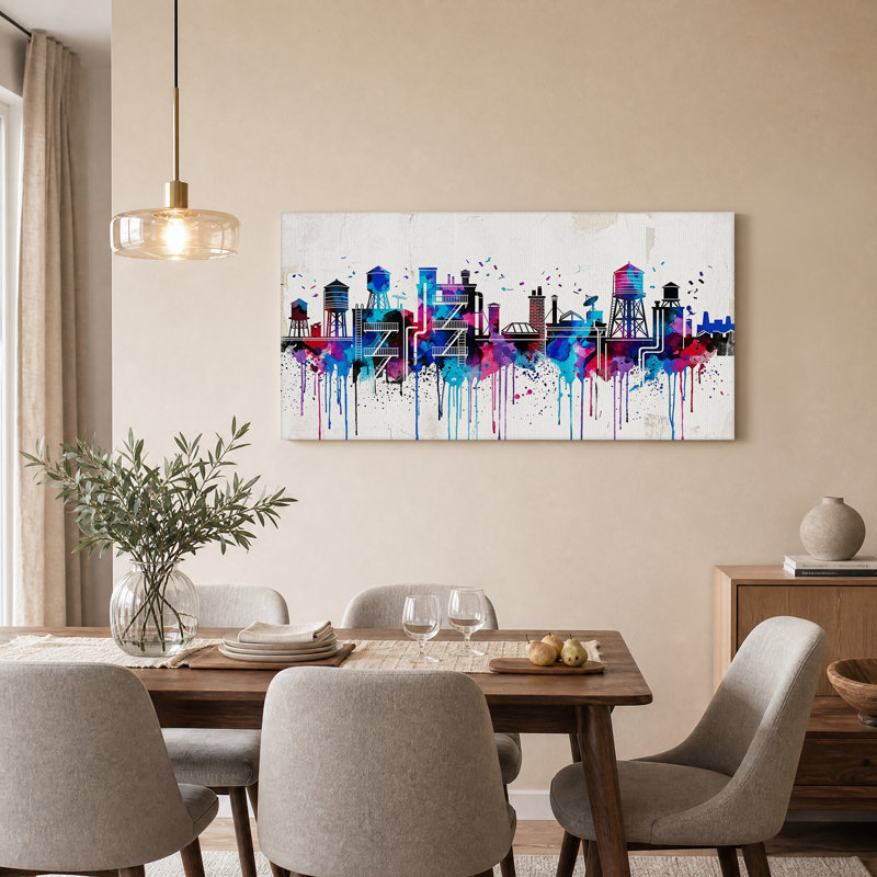 Toile bleue et mauve à l'aquarelle industrielle, L 32 po x H 16 po