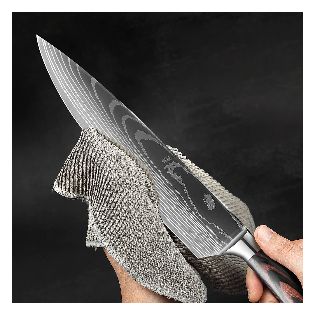 Senken Knives Complete 8-Piece Japanese Kitchen Knife Set With Damascus Pattern - The Imperial Collection - Japanese Chef Knife Set with Smooth Wooden Handles - Ultra Sharp for Fast Cutting