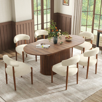 Ensemble de salle à manger moderne extensible, Guéridon ovale cannelé avec chaises rembourrées en tissu